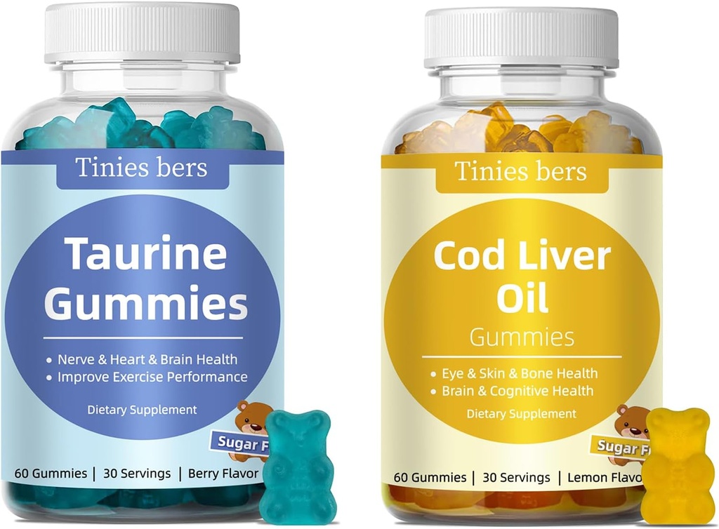 Taurine Gummies 1000mg, Cod Liver Oil Gummies 1000mg, Sugar Gratis para Adultos y Niños, Aminoácidos, Omega-3s &amp; Vitamina A pulmonar para Cognitive, Heart & Eye Health, Boost Immune