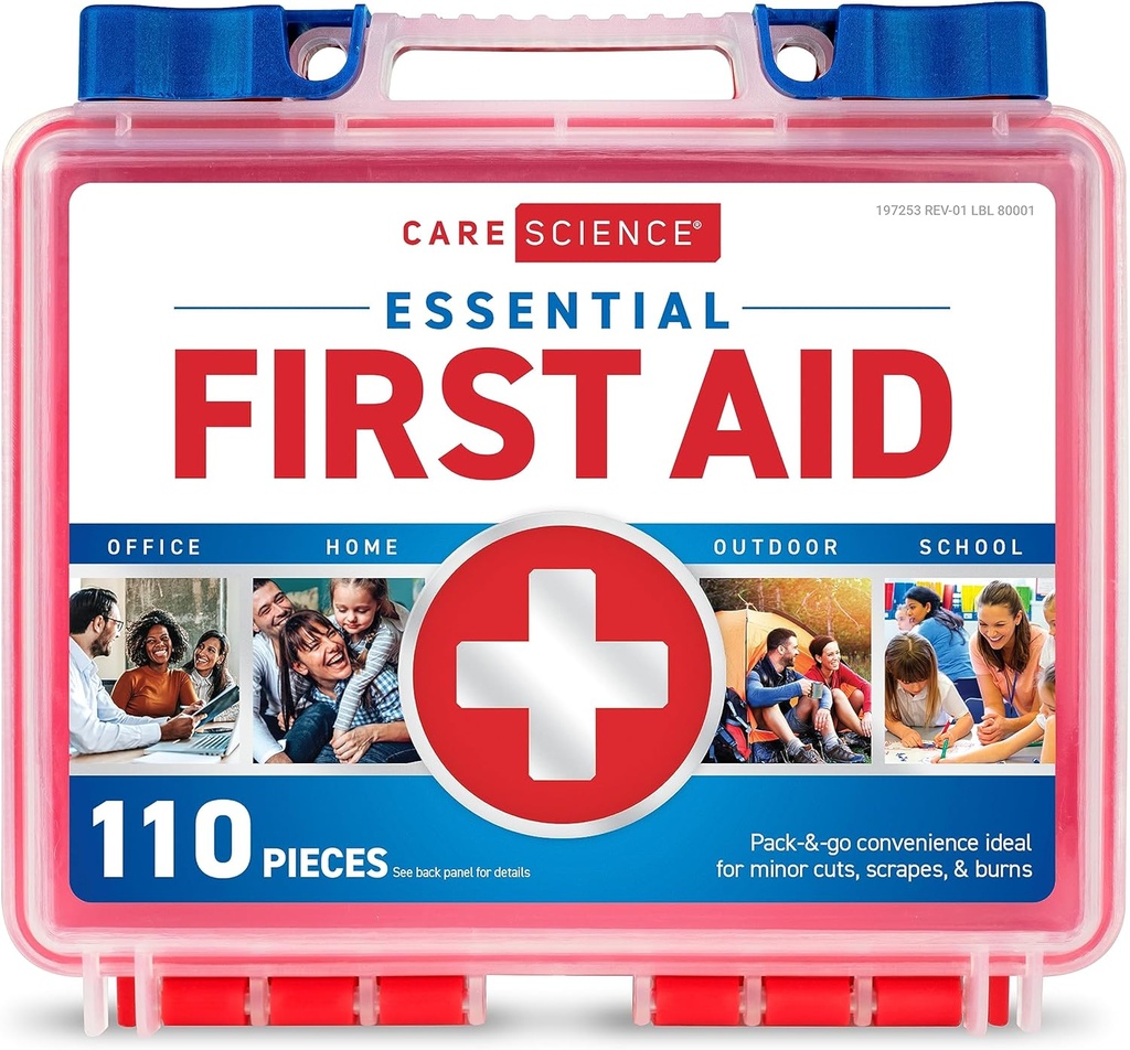 Care Science First Aid Kit, 110 Pieces ← Uso profesional para viajes, trabajo, escuela, hogar, coche, emergencia, supervivencia, camping, senderismo y más