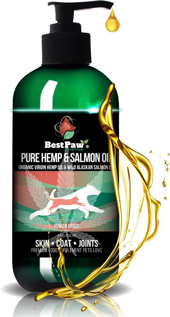 Aceite de salmón puro de cáñamo para perros y gatos - Omega Skin Care Remedy for Dandruff, Shedding, Alergía ' Itchy Skin Relief - Suplemento conjunto para la artritis de mascotas - Esquí y vitaminas de la cáscara Pets Love - 8 oz