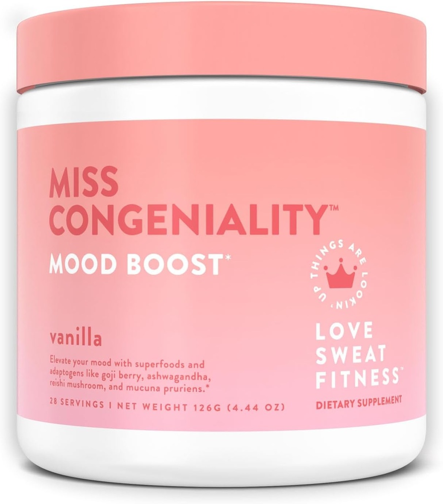 Love Sweat Fitness Mood Boost Powder ← Miss Congeniality Vanilla Blend  Mejora el enfoque, Elevates Mood, Lower Stress, Fights Fatigue ← No Sugar, Vegan, Gluten Free, Non-GMO Silencio 28 Servings