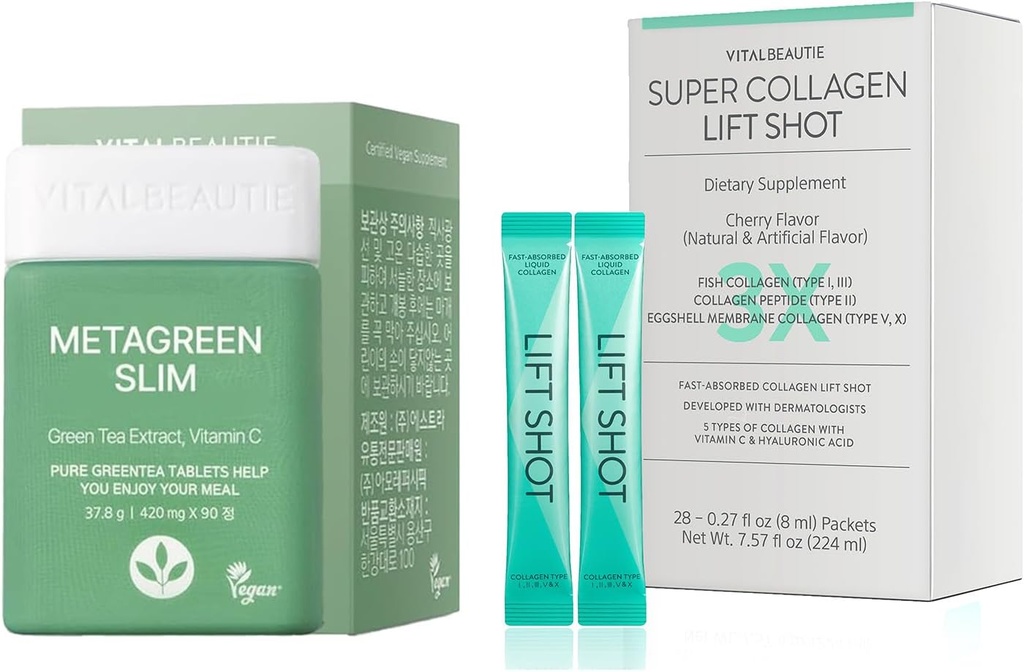 VITALBEAUTIE Metagreen Slim (Green Tea Extract, EGCG) 30 Servidores Líquido Collgen para Mujeres, Super Collagen Lift Shot