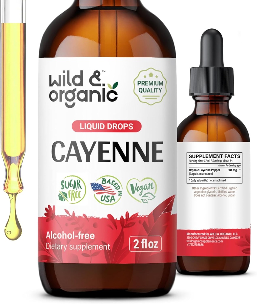 Wild &amp; Organic Cayenne Pepper Tincture - Capsaicin Suplementos para el soporte digestivo - Cayenne Pepper Extract Liquid - Vegan, Alcohol-Free Drops - 2 fl oz