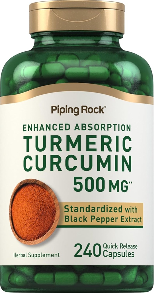 Piping Rock Turmeric Curcumin Suplemento 500 mg  240 Capsules  durable with Black Pepper ¦ Standardized Complex Extract ← Non-GMO, Gluten Free
