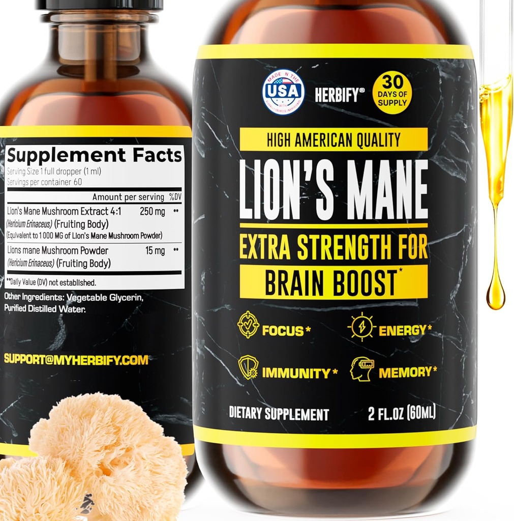HERBIFY Lions Mane Suplemento - Daily Mushroom Supplement for Memory, Focus & Clarity - Brain Booster - Lions Mane Tincture for Immune Support - 2 Fl oz