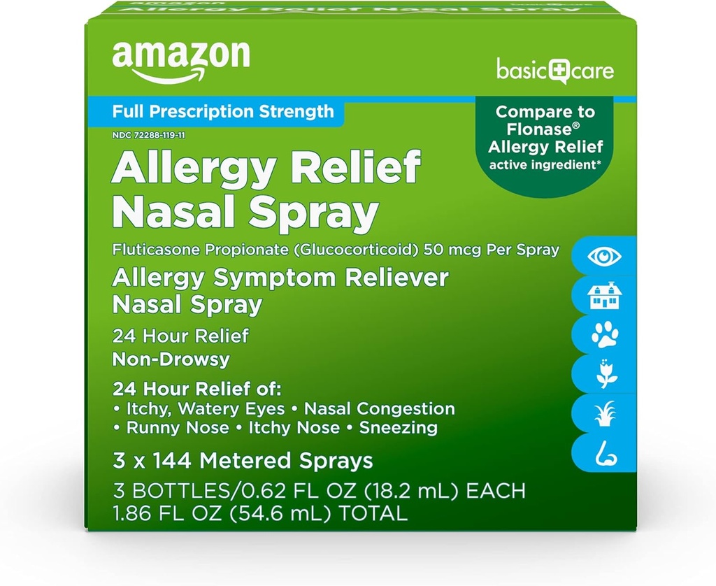   Basic Care 24-Hour Allergy Relief Nasal Spray, Fluticasone Propionate (Glucocorticoid) 50 mcg, Full Prescription Strength, Non-Drowsy, 0.62 fl oz (Pack of 3)