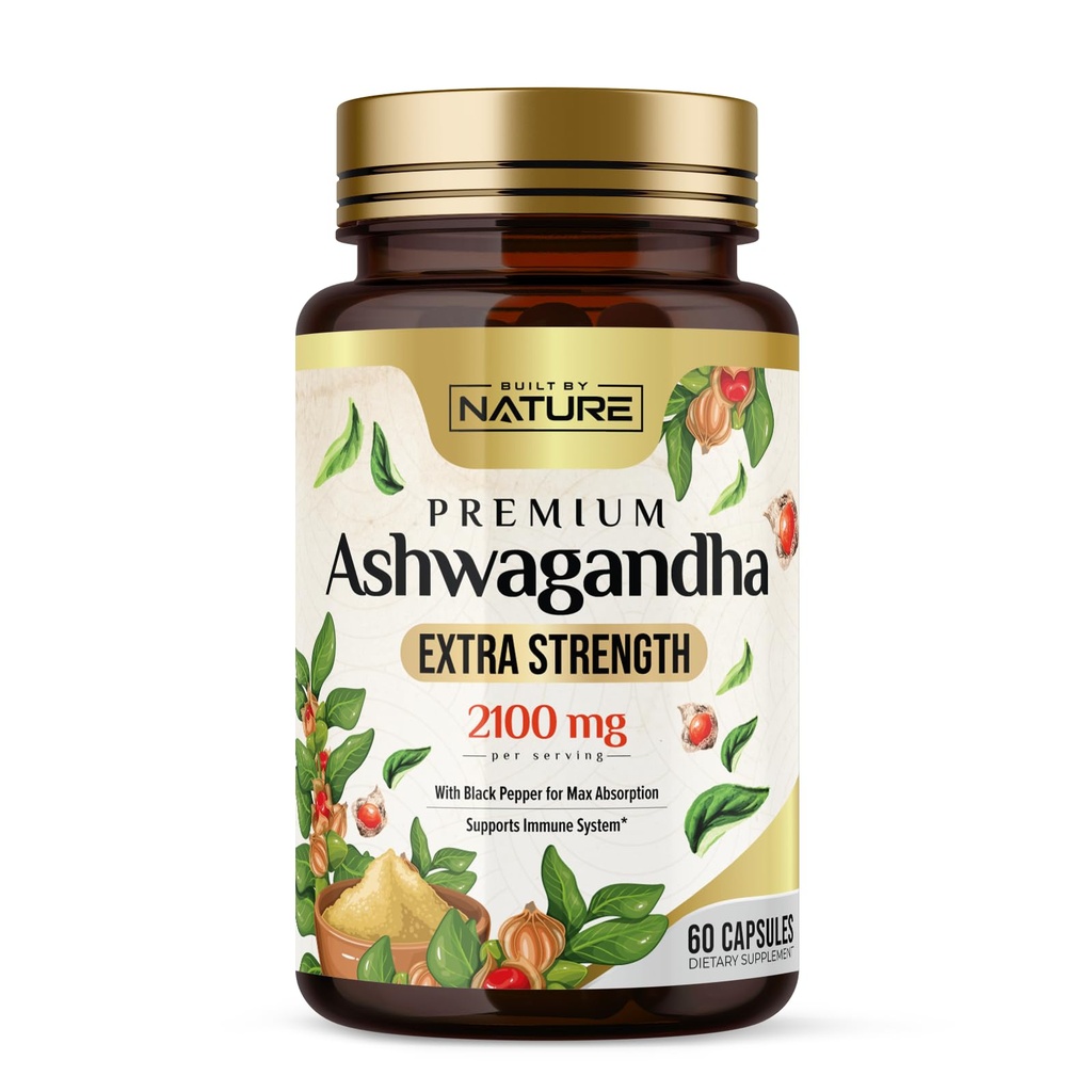 Construido por Nature Ashwagandha 2100mg Extra Strength Stress Relief & Mood Support with Black Pepper Extract for Max Absorption - Non-GMO, Vegan, Gluten-Free - 60 cápsulas