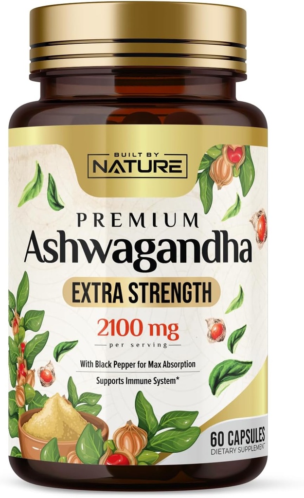 Construido por Nature Ashwagandha 2100mg Extra Strength Stress Relief & Mood Support with Black Pepper Extract for Max Absorption - Non-GMO, Vegan, Gluten-Free - 60 cápsulas