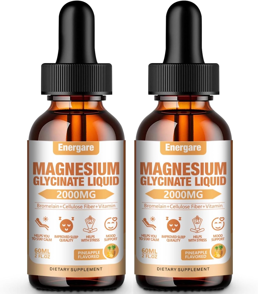 2 Pack 2000MG Magnesium Glycinate Liquid Drops Supplement for Kids &amp; Adults - Cellulose Fiber, Bromelain, Vitamina B6, C, D, Zinc - Energy, Sleep, Clam, Pineapple Flavor, 4 Fl oz