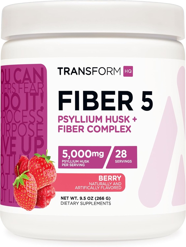 TransformHQ Fiber 5 Psyllium Husk Complex Powder (Berry Flavor) (28 Servings) - 5,000mg Psyllium Husk per Serving - Digestive Health, Natural Supplement, Soluble Plant Fiber Blend