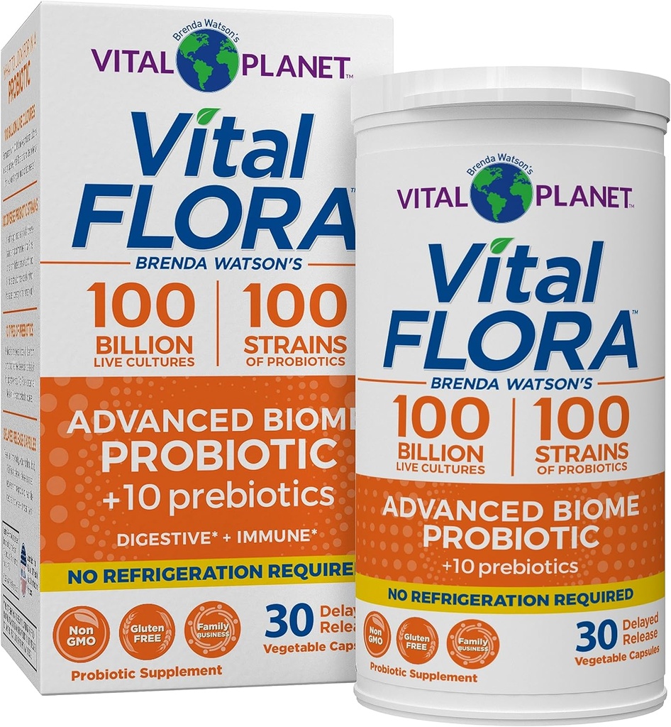 Planeta Vital - Vital Flora Advanced Probiotic 100 Billion CFU, 100 Diverse Strains, 10 Prebióticos Orgánicos, Apoyo Inmunitario, Estante de Salud Digestiva Probióticos Estables para Mujeres y Hombres 30 cápsulas
