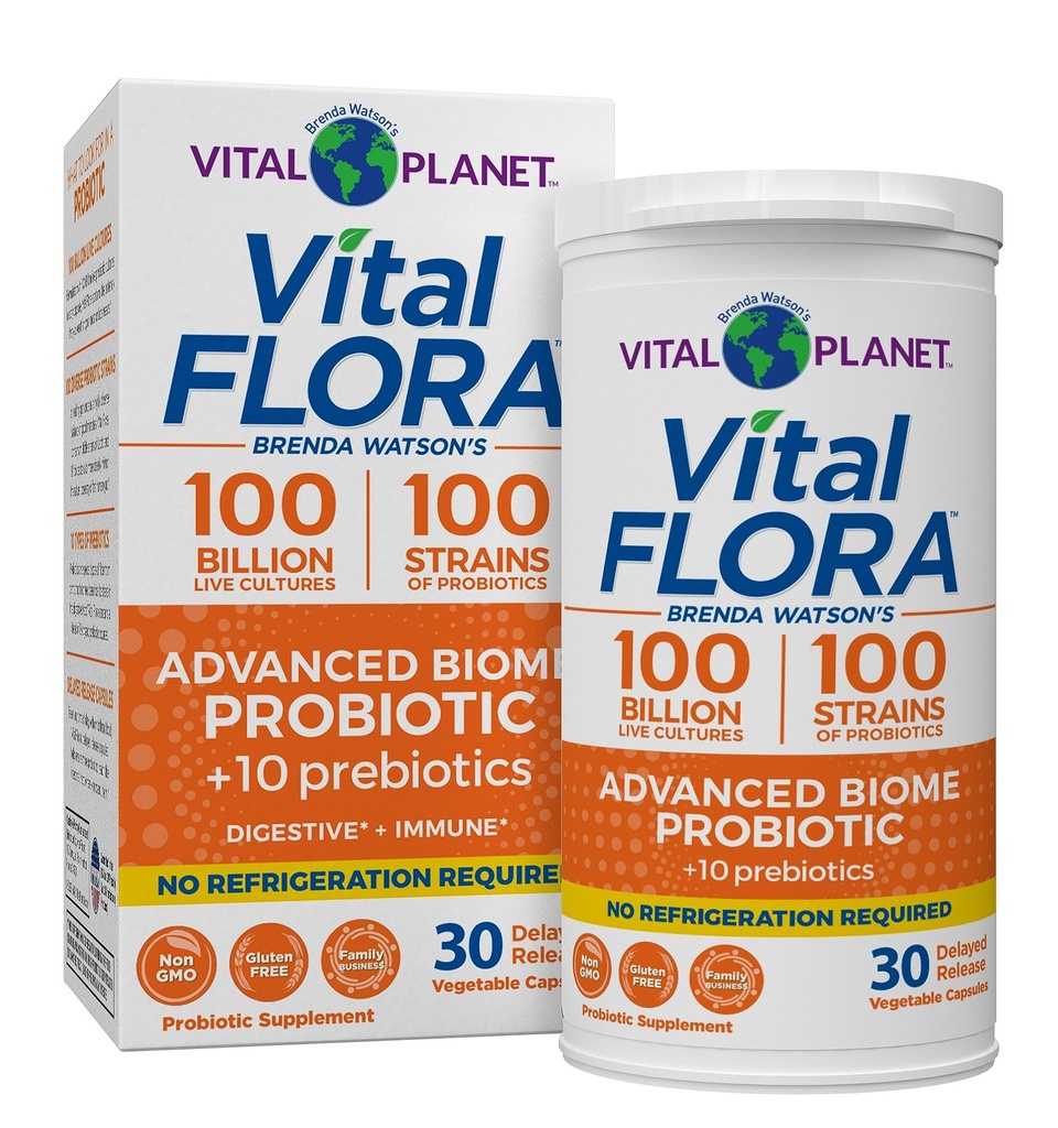 Vital Planet - Vital Flora Advanced Probiotic 100 Billion CFU, 100 Diverse Strains, 10 Organic Prebiotics, Immune Support, Digestive Health Shelf Stable Probiotics for Women and Men 30 Capsules