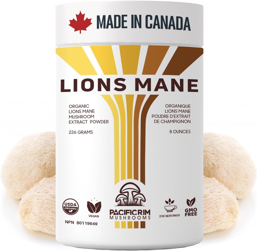 Lions Mane Suplemento Powder Ultra Strength 10:1 Organic Lions Mane Mushroom Supporting Memory, Cognition, Brain Health, 8 Ounces / 226 Servings