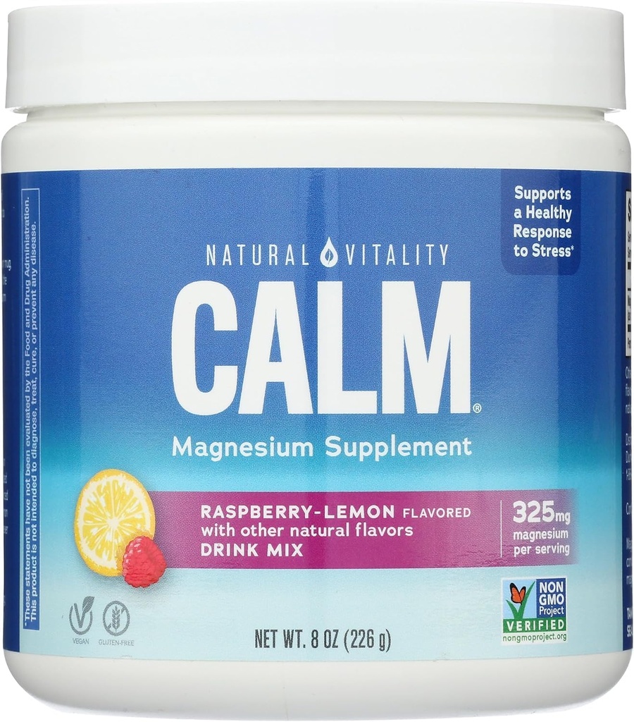 Natural Vitality Calm, Suplemento Magnesio, Anti-Stress Drink Mix Powder, Original, Raspberry Lemon - 8 Ounce (Paquete May Vary)