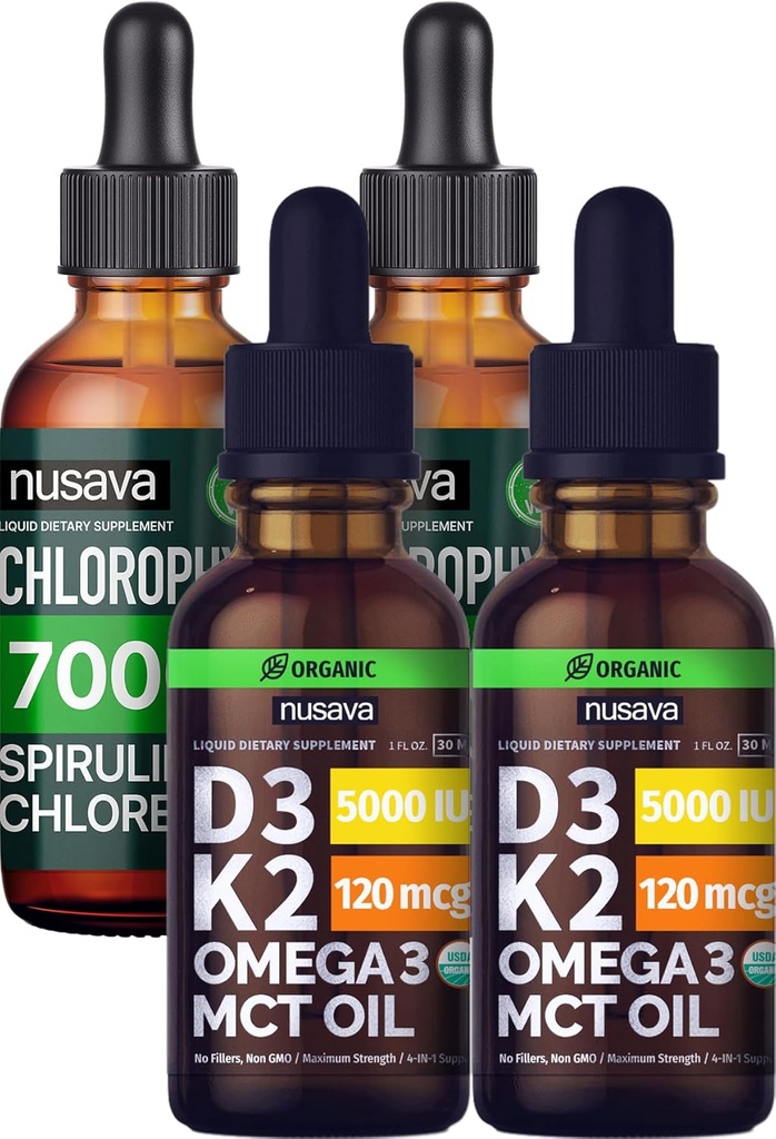 NUSAVA Unflavored D3 K2 Drops and Chlorophyll Liquid Drops Bundle - Potent Liquid Vitamins for Heart, Joint, Energy, " Immune Support - Non-GMO, Gluten-Free, 2pk each