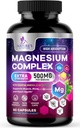 Suplemento Complejo de Magnesio 500 mg - 5 en 1 Alta Absorción Magnesio Chelated Glycinate, Malate, Citrate, Oxide, Aquamin - No GMO Magnesio Capsules, Bone Muscle & Heart Health Support, 60 cápsulas