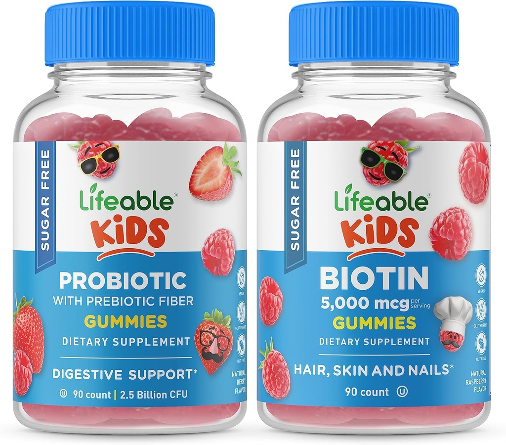 Azucar libre Probiótico + Prebiótico Fiber Kids + Biotin Kids, Gummies Bundle - Gran Tasting, Suplemento de vitamina, Gluten Gratis, GMO Gratis, Chewable Gummy