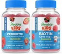 Azucar libre Probiótico + Prebiótico Fiber Kids + Biotin Kids, Gummies Bundle - Gran Tasting, Suplemento de vitamina, Gluten Gratis, GMO Gratis, Chewable Gummy
