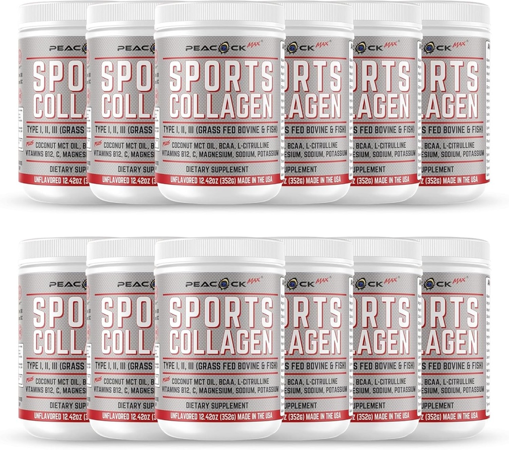 Collagen Powder deportivo, 12.42 oz, Pack of 12 - Grass Fed Bovine & Wild Fish Hydrolyzed Tipo I, II, III Multi Collagen Peptides, Desflavored Protein Powder con electrolitos