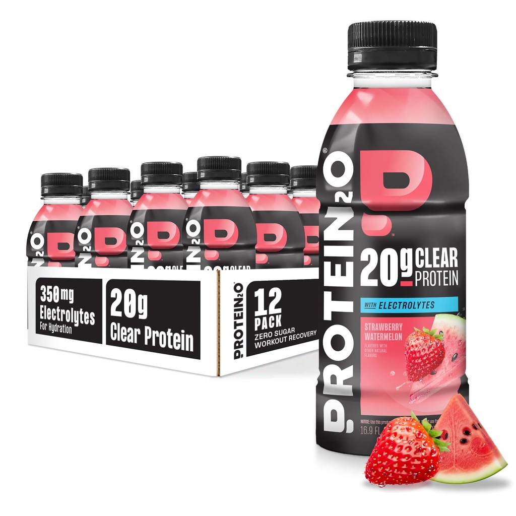 Bebida de hidratación Protein2o - 2-en-1 Liquid Clear Whey Protein Isolate and Electrolyte Drink - 20g Protein, Vitaminas B5, B6 - Post-Workout Recovery - 16.9 Fl Oz - 12 Conde Strawberry Watermelon