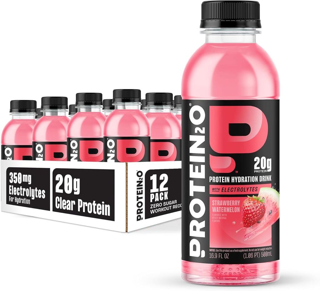 Bebida de hidratación Protein2o - 2-en-1 Liquid Clear Whey Protein Isolate and Electrolyte Drink - 20g Protein, Vitaminas B5, B6 - Post-Workout Recovery - 16.9 Fl Oz - 12 Conde Strawberry Watermelon