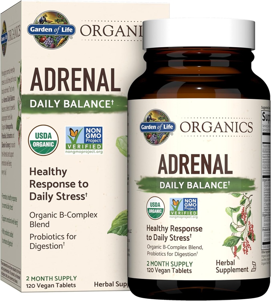 Jardín de Vida Orgánicas Balanza diaria Adrenal, Hierbas Adaptogénicas Ashwagandha, Basil Santo, Complejo B &amp; Probióticos, Orgánica Non-GMO, Vegan, Suplemento libre de gluten, Dos Mes Fuente, 120 Tabletas