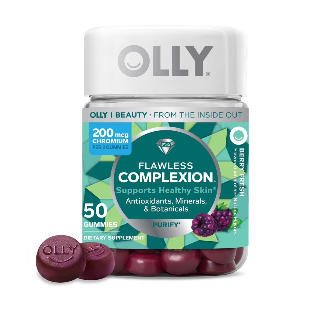 OLLY Complejo impecable Gummy, Soporte de piel clara y saludable, vitaminas E, A, zinc, suplemento chewable, Berry - 50 cuenta (Pack of 1)