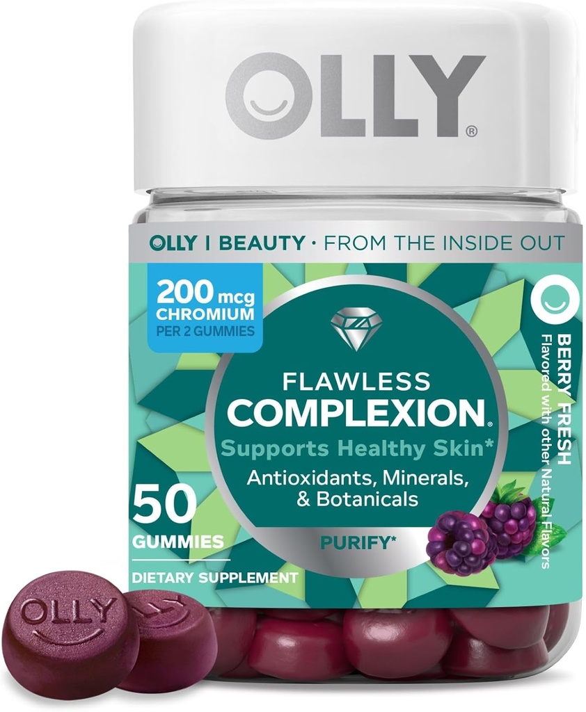OLLY Complejo impecable Gummy, Soporte de piel clara y saludable, vitaminas E, A, zinc, suplemento chewable, Berry - 50 cuenta (Pack of 1)