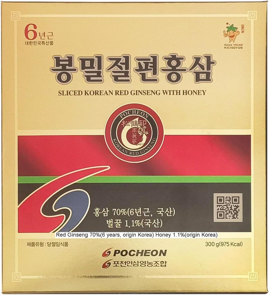 Pocheon 300g(10.6oz) 6Años Coreano Panax Red Ginseng Slice con Miel, Saponin, Natural Immune Support