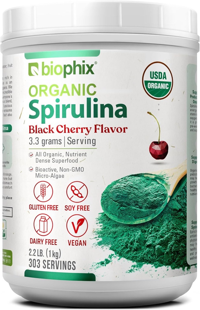biofix Orgánica Spirulina Powder 2.2 lb Black Cherry Flavor - Protein-Rich Nutrient-Dense Superfood - Potencial Antioxidante - Apoyos Immune Health