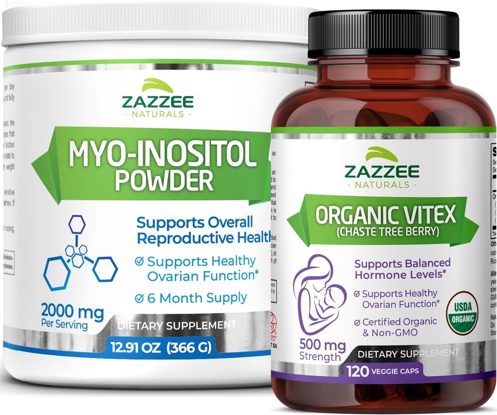 Zazzee Myo-Inositol Powder y USDA Organic Vitex Capsules, Vegan, All-Natural y Non-GMO