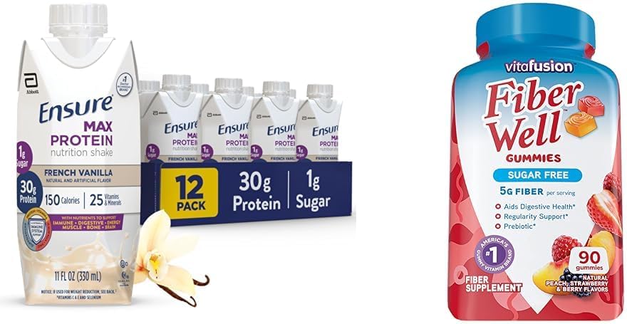 Garantizar Max Protein Nutrition Shake con 30g Protein &amp; Vitafusion Sugar Gummies de fibra gratis, Peach/Strawberry/Blackberry, 90 Condes