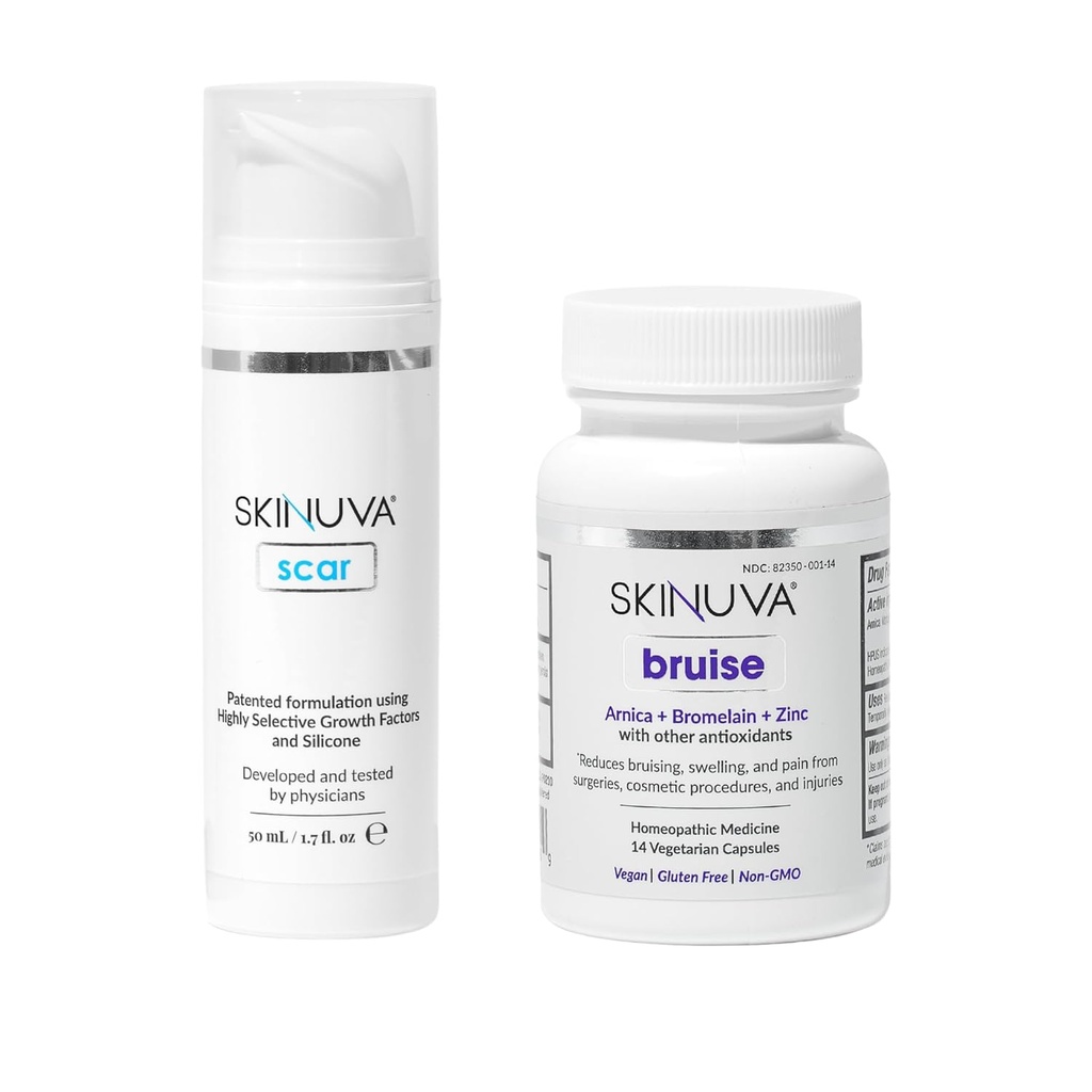 Skinuva® Scar (1.7 oz) " Bruise (14 cápsulas) - Advanced Silicone Cream Formulado con Factores de Crecimiento " Homeopático Bruise Remedy Formulado con Arnica, Bromelain " Zinc