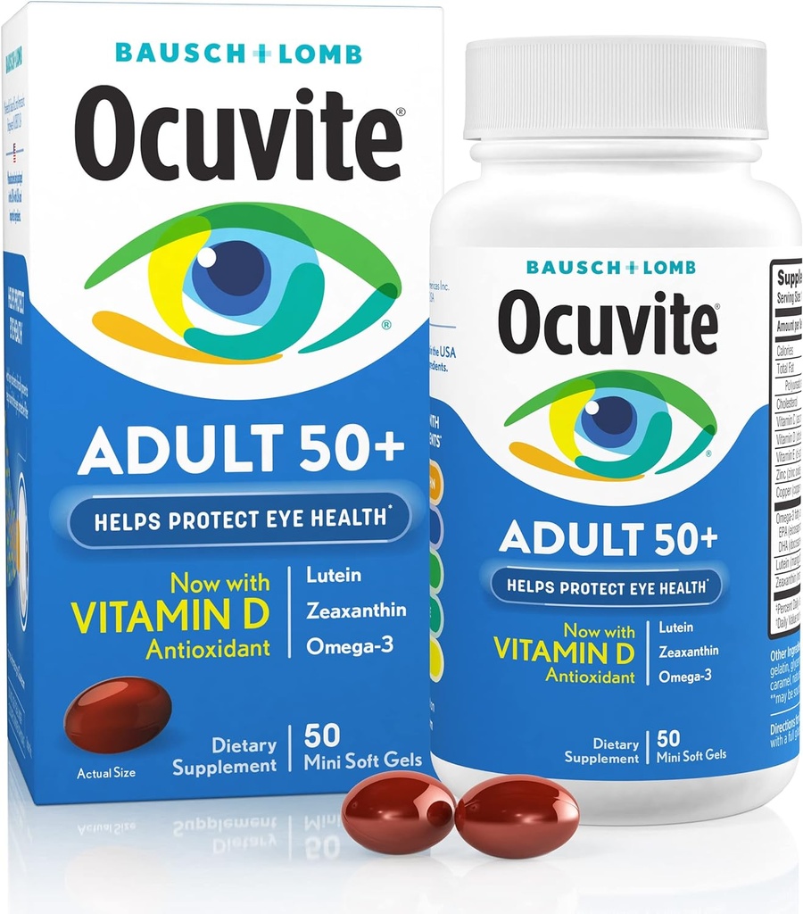 Ocuvite 50+ Vitamina Ocular &amp; Suplemento Mineral, Multivitamina para Visión & Salud Ocular con Omega-3, Zinc, Vitaminas C &amp; E, Lutein &amp; Zeaxanthin, Suplementos Zinc para Mujeres y Hombres, 50 Softgels