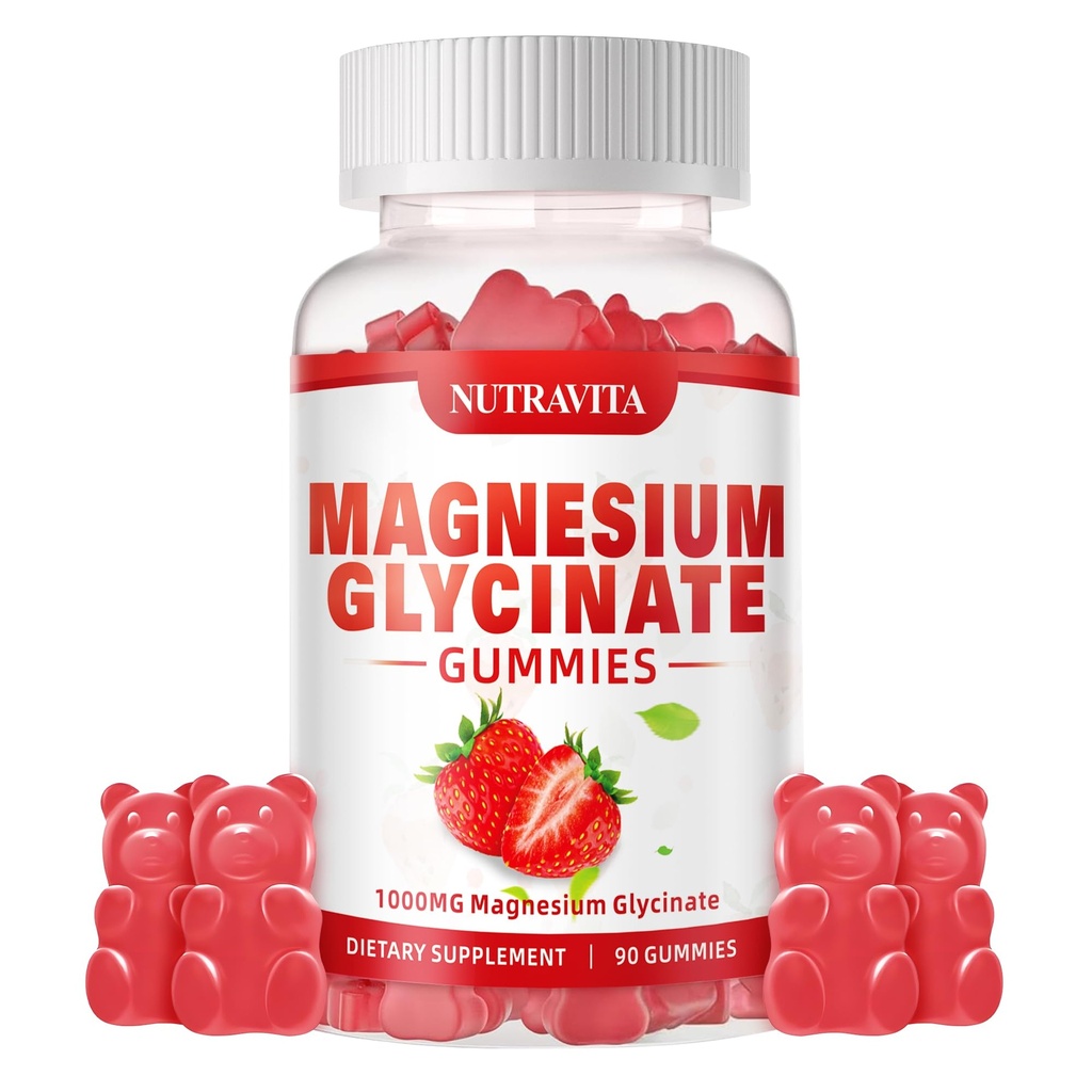 Magnesium Glycinate Gummies 1000mg con Magnesium L-Threonate, Magnesio Chelated Potassium Complex Suplemento con VitD, B6, CoQ10, Calcio,Apoyos para la memoria, calma, humedad - 90 Gummies Fresa
