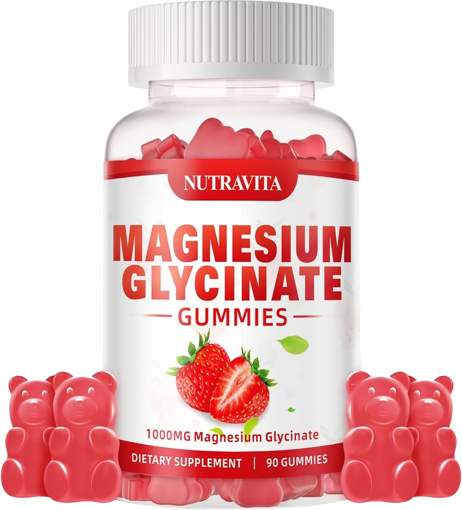 Magnesium Glycinate Gummies 1000mg con Magnesium L-Threonate, Magnesio Chelated Potassium Complex Suplemento con VitD, B6, CoQ10, Calcio,Apoyos para la memoria, calma, humedad - 90 Gummies Fresa