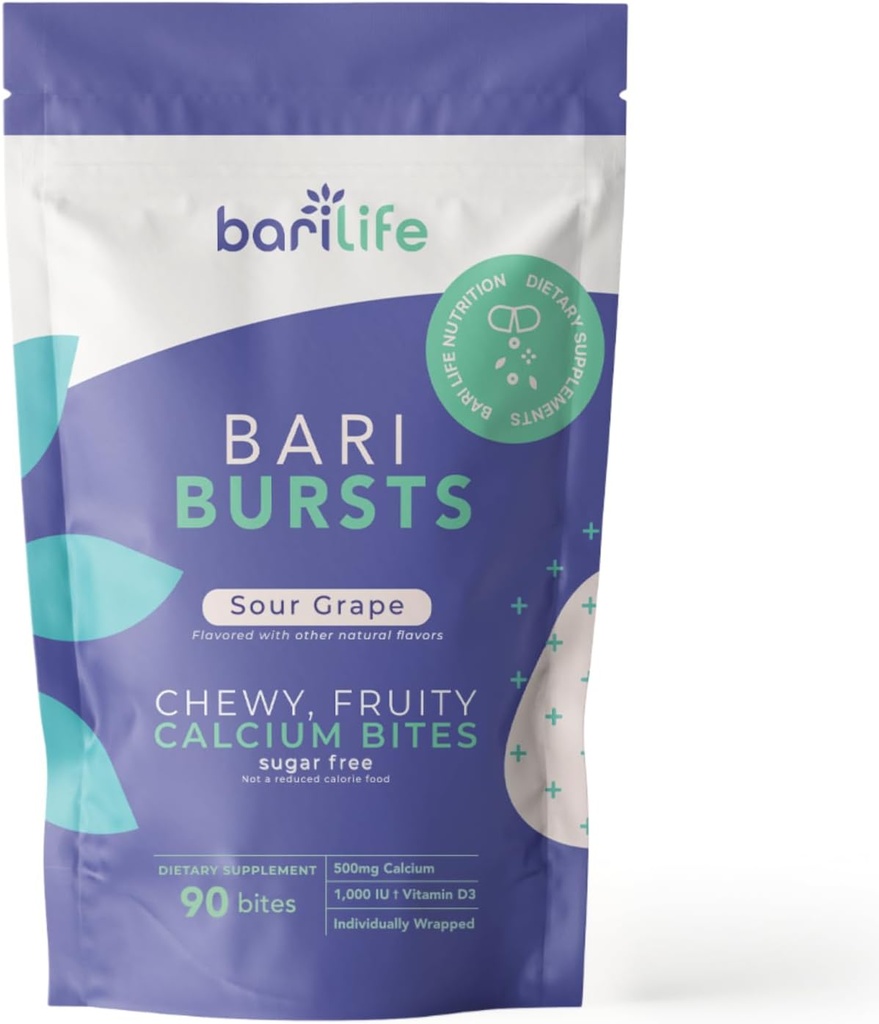 Calcio Citrate Bariatric Calcium Chews with 1000 IU Vitamin D3 - Ideal para Pacientes Bariatrices - BariBurst by Bari Life (Sour Grape)