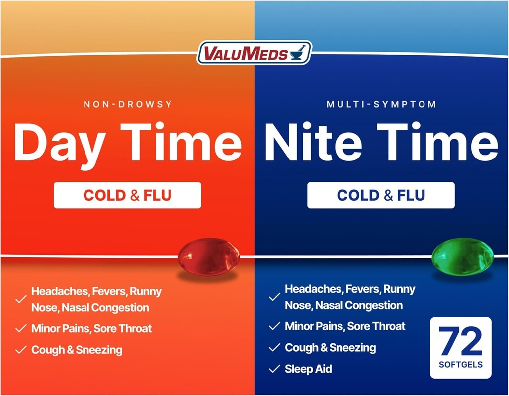 ValuMeds Cold & Flu Multi-Symptom Relief for Congestion, Headache, Sore Throat, Aches and Pains, Fever ¦ Acetaminophen (Daytime & Nighttime, 72 Count)