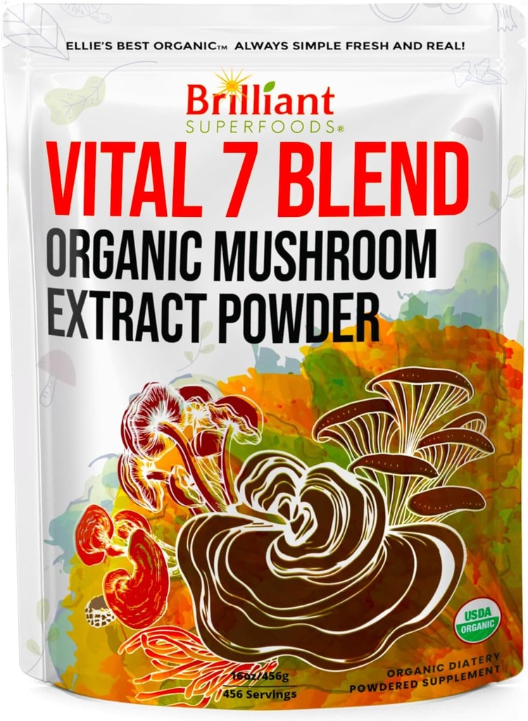 Ellie's Best 7 Mushroom Powder Extract Blend Suplemento - Organic Reishi, Lion's Mane, Chaga, Turquía Tail, Cordyceps, Maitake & Shiitake - Double Extracted - 16oz / 456 Servings...