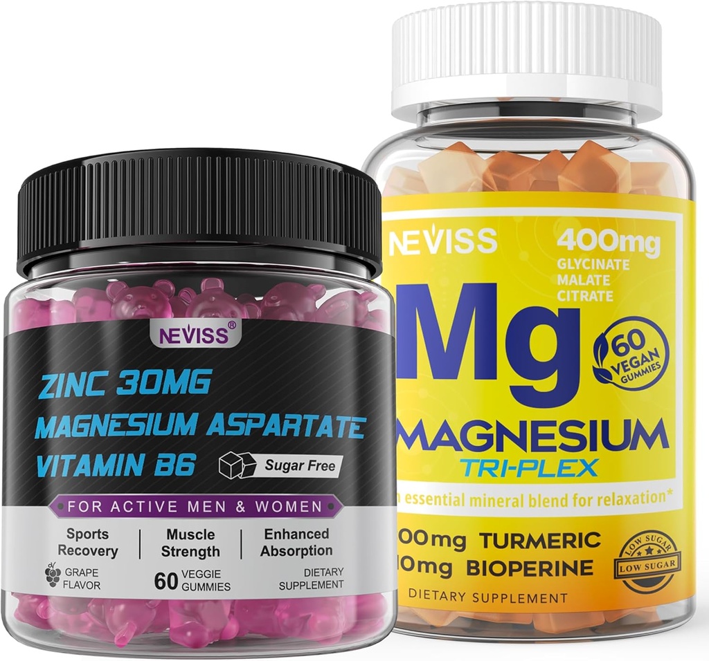 NEVISS Magnesium Gummies with Turmeric 300mg + Zinc y Magnesium Suplemento con Vitamina B6, B12, D3, Turmeric