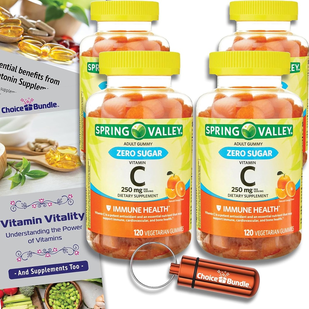 Elección Bundle Spring Valley Zero Sugar Vitamina C Gummies Suplemento dietético 250 mg 120 Ct 4 pk (480 Total) + Guía de vitaminas " Container (6 Artículos)!