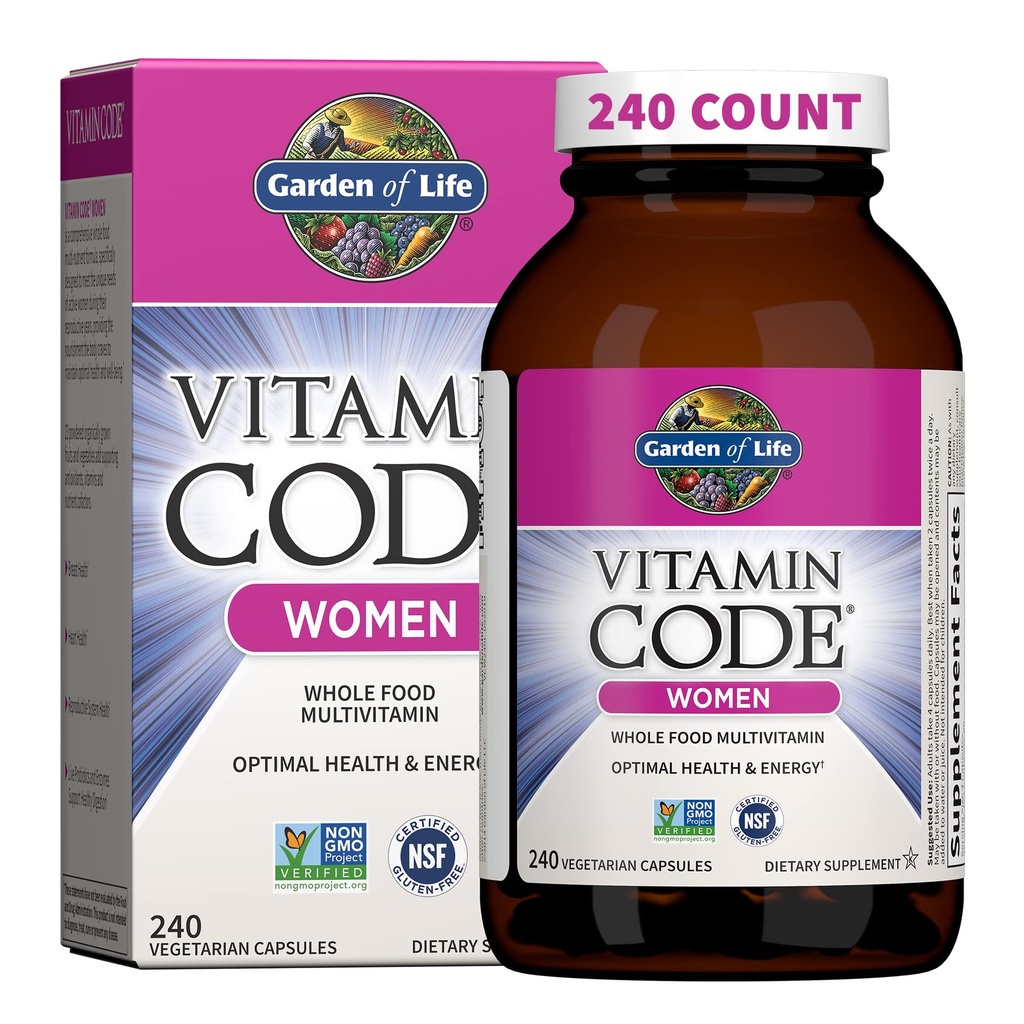 Jardín de Vida Multivitamínico para Mujeres, Código de Vitamina Mujeres Multi - Mujeres Alimentarias enteras Multi Vitaminas, Hierro, Folato no Ácido Fólico, Vitamina A y Probióticos para Mujer Energía, 240 cápsulas vegetarianas