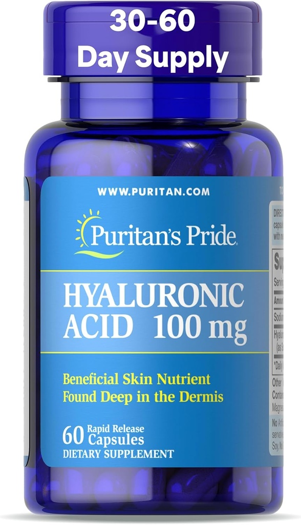 Puritans Pride Hyaluronic Acid 100mg, Suplemento dietético para la hidratación de la piel, 60 cápsulas de liberación rápida