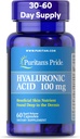 Puritans Pride Hyaluronic Acid 100mg, Suplemento dietético para la hidratación de la piel, 60 cápsulas de liberación rápida