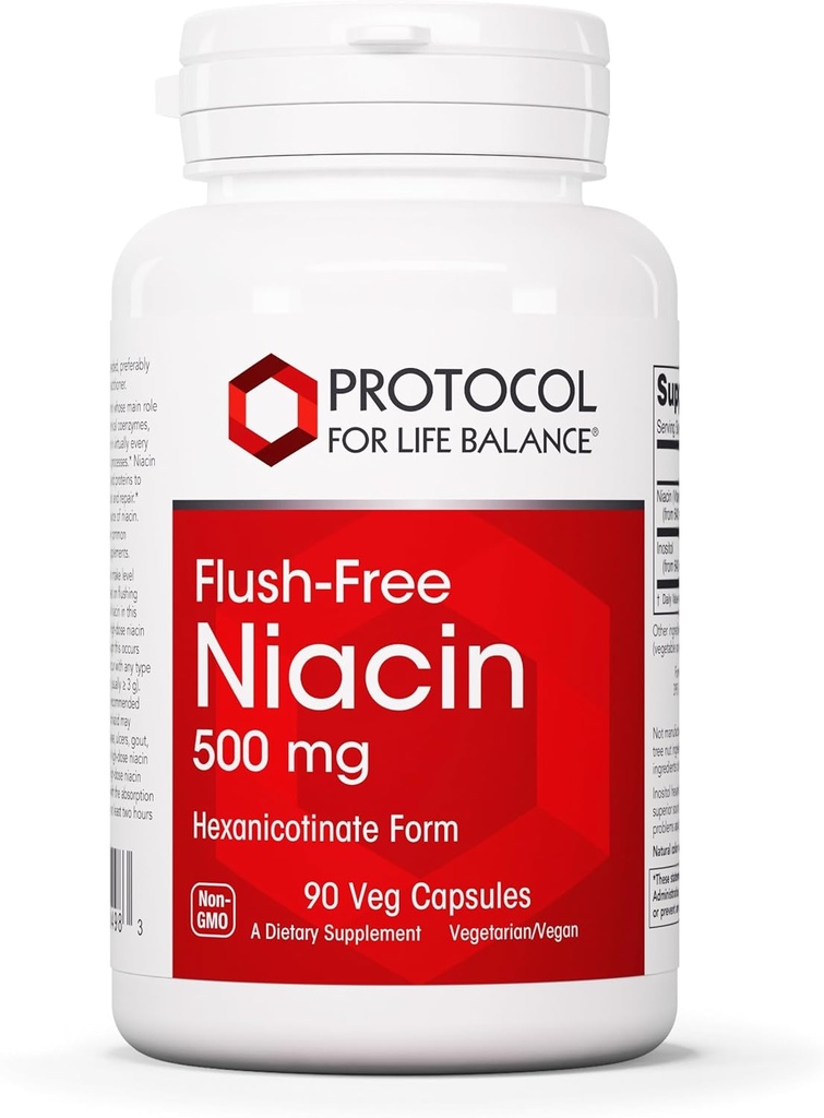Protocolo Niacin 500mg - Inositol Hexanicotinate - No Flush Niacin - Vitamina B3 - Energy & Metabolism Support* - Vegan " Kosher - 90 Veg Caps