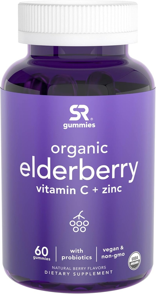Concentrado de las Gummies de Elderberry (65:1) con vitamina C, Zinc " Probióticos para el apoyo inmunitario " Gut Health  durable USDA Organic, Vegan Certified " Non-GMO Verified (60 Gummies Vegan)