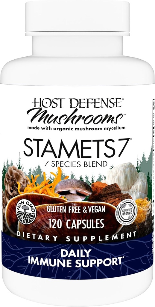 Host Defense Stamets 7-7 Species Blend - Mushroom Supplement for Immune Support - Incluye Royal Sun Blazei, Cordyceps, Reishi, Maitake, Lion's Mane, Chaga & Mesima - 120 Capsules (60 Servings)*