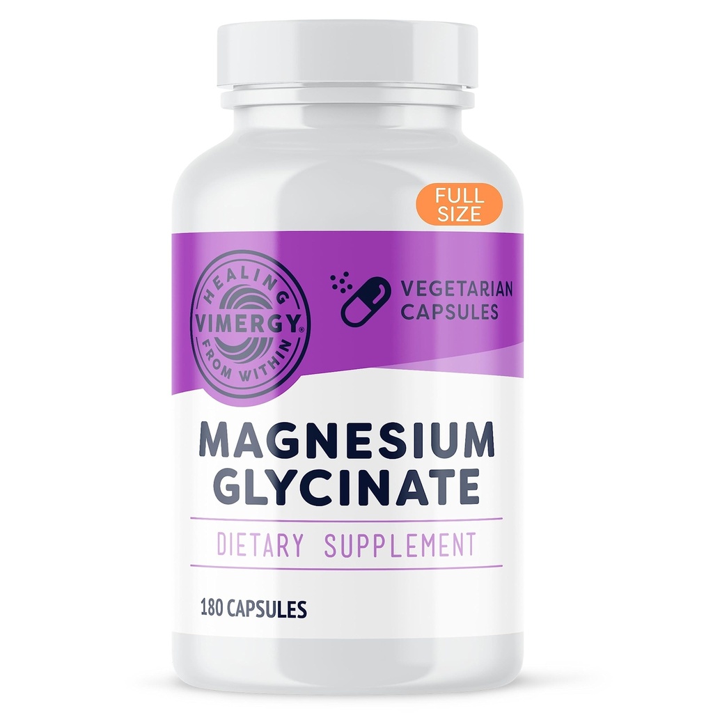 Vimergy Magnesium Glycinate – Stress Support – Chelated to avoid Tummy Upset*– promueve la salud del corazón y la energía*– Kosher, Vegan Gluten-Free – 180 Caps