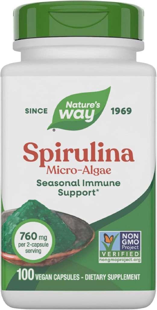 Camino de la Naturaleza Spirulina Micro-Algae, Soporte Estacional de Inmuno*, Fuente de Vitamina A (Beta Carotene), 760 mg por Serving, 100 cápsulas Vegan (Paquete May Vary)