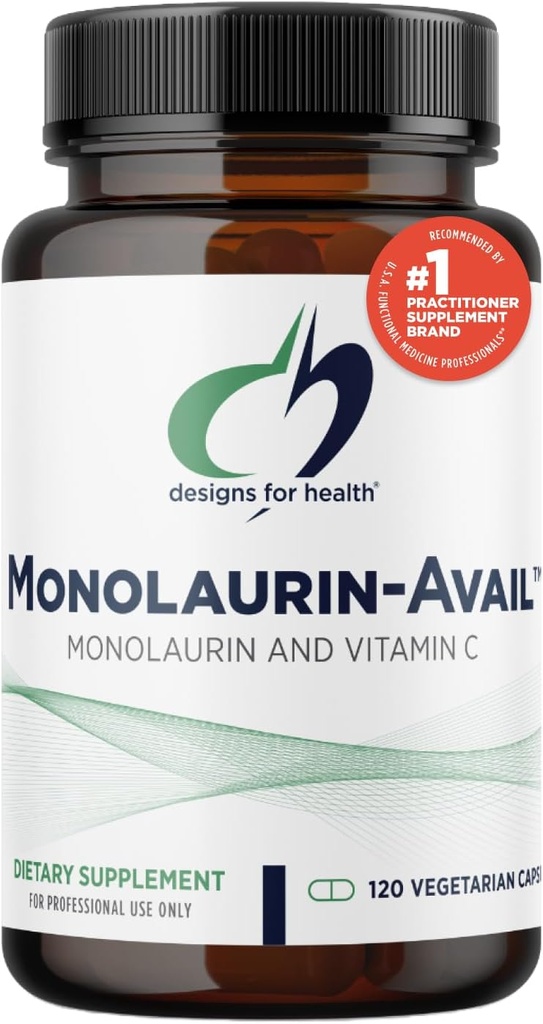 Diseños para la salud Monolaurin-Avail - 1000mg Glycerol Monolaurate + Vitamina C con Lecitina giratoria para mejorar la absorción Monolaurin - Non-GMO + Gluten Free Immune Support Suplemento (120 cápsulas)