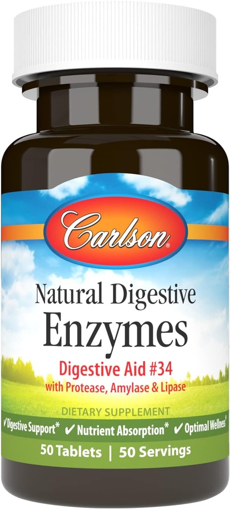 Carlson - Natural Digestive Enzymes, Digestive Aid #34 con Protease, Amylase " Lipase, Digestive Support, Nutrient Absorption " Optimal Wellness, 50 Tablets